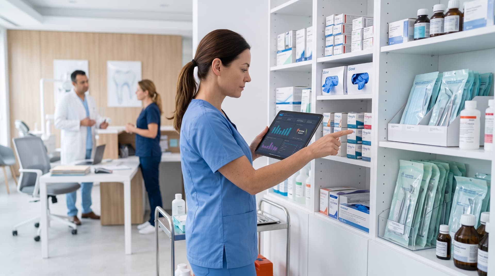 Dental sarf malzeme stok yönetimi rehberi konusunu anlatan diş kliniği çalışma ortamı