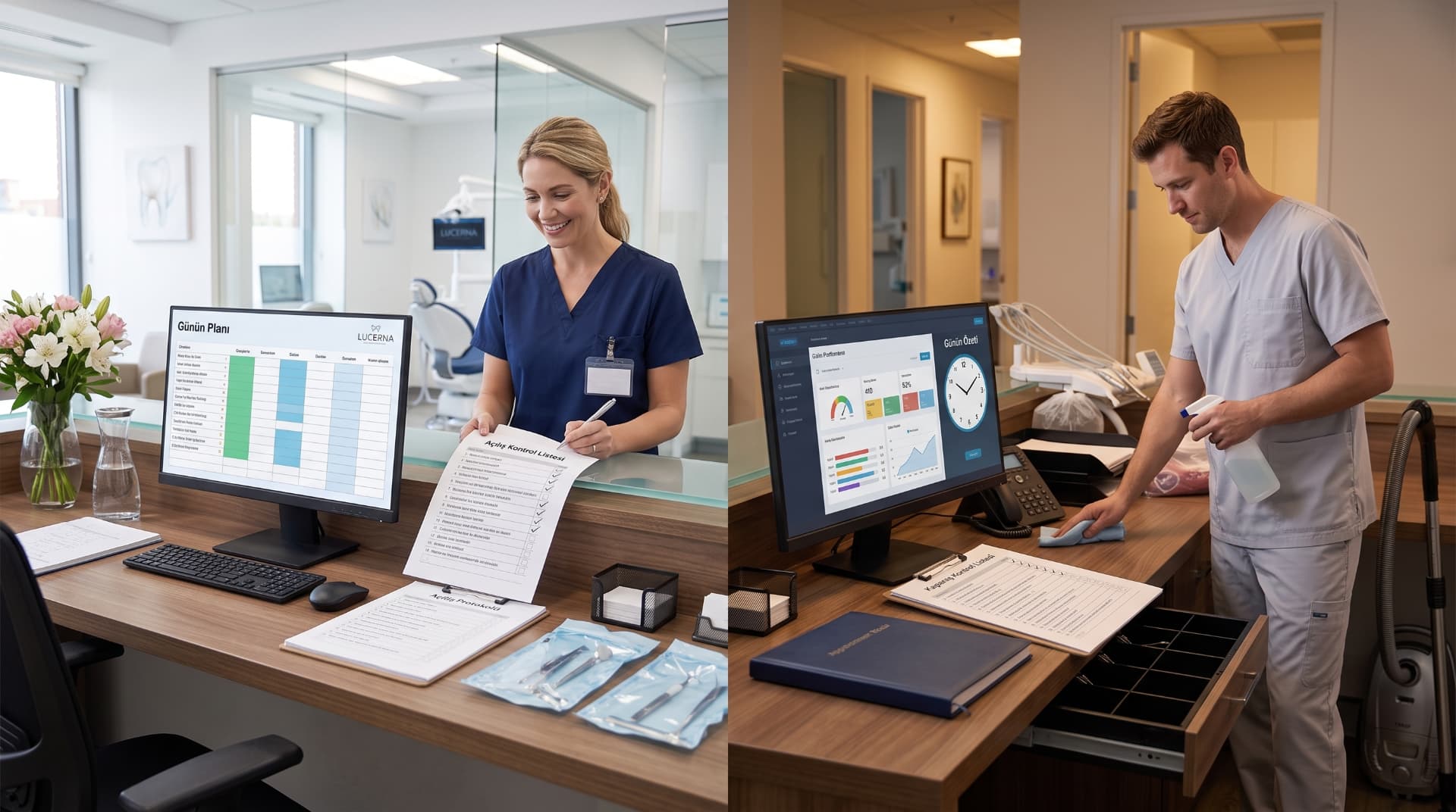 Diş kliniği açılış ve kapanış kontrol listesi konusunu anlatan diş kliniği çalışma ortamı