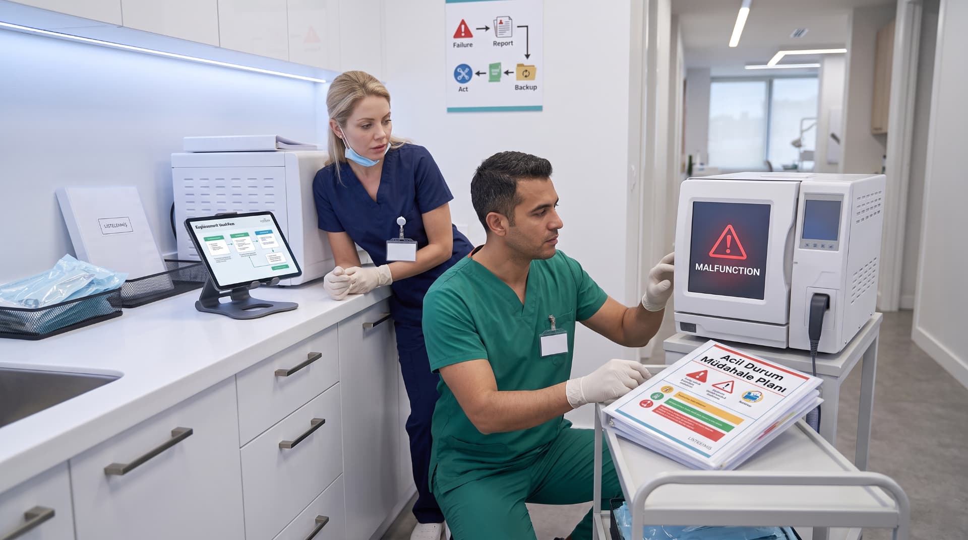 Klinik ekipman arızaları için acil durum planı konusunu anlatan diş kliniği çalışma ortamı